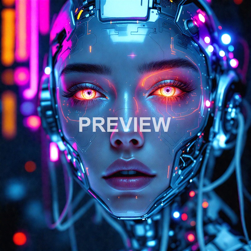 A highly detailed digital art image of a human-like face with glowing eyes, embedded with futuristic circuitry, and wearing a metallic headpiece with vibrant neon lights.